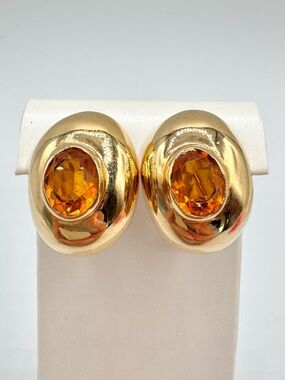 Faux Topaz Puffy Stud Earrings Designer Style Gold Tone Omega Back Chic Timeless